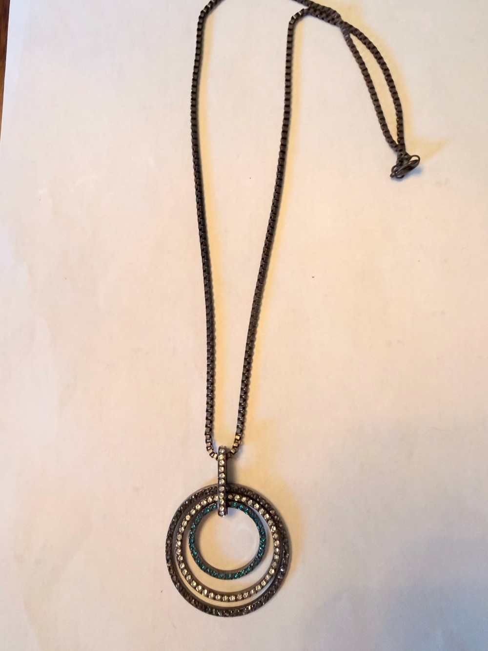 Layered Circle Pendant Necklace in Gunmetal with Teal Accent